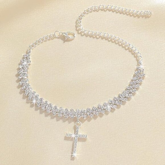 Cross Anklets - Silver Waterproof Diamond Rhinestone for Women - Picture 3 of 7